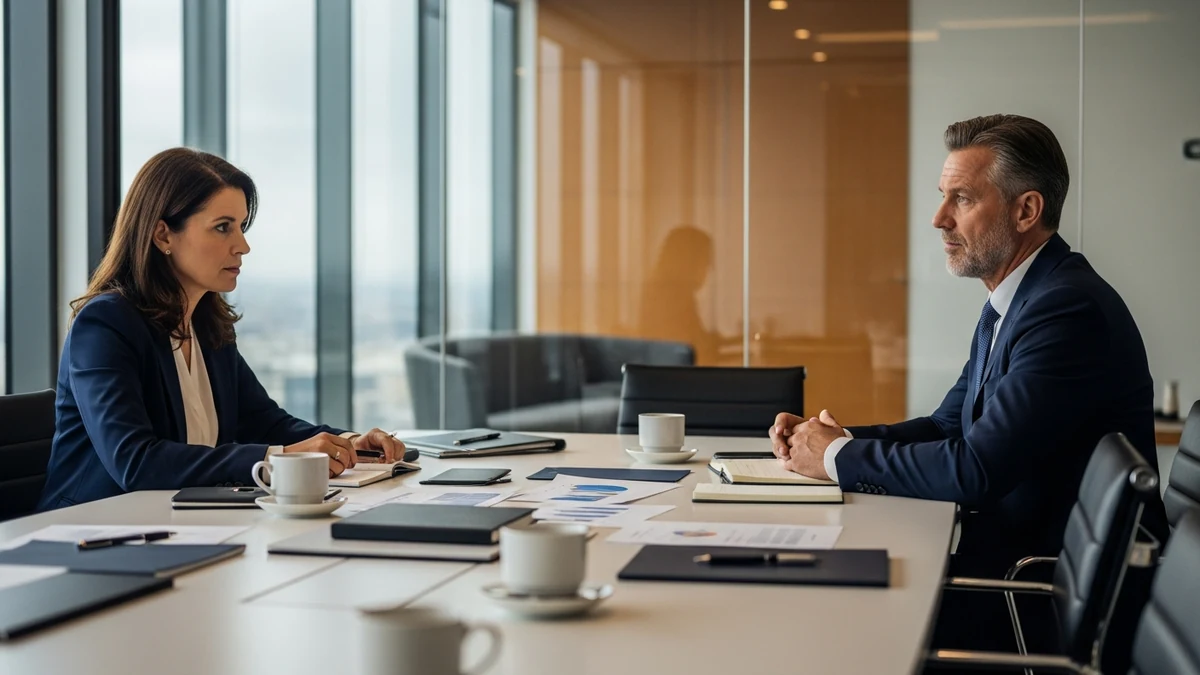 Zwei Personen in angespannter Verhandlung am Konferenztisch, umgeben von Unterlagen und Notizblöcken
