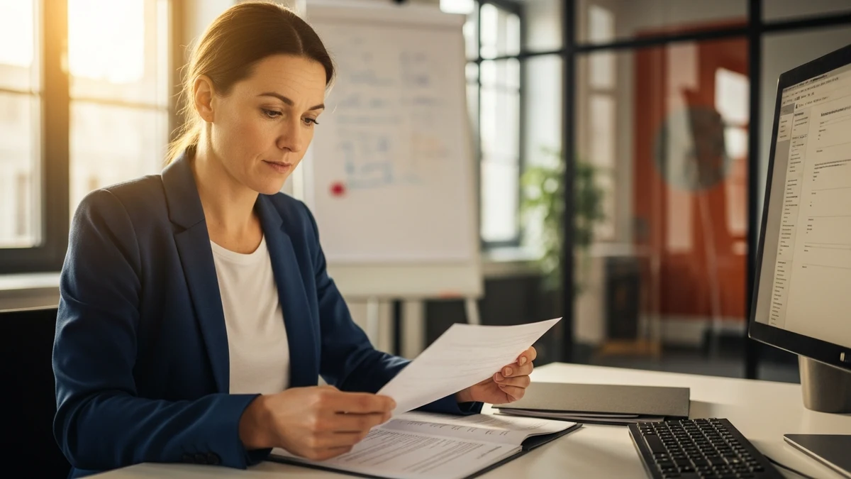 Eine Person prüft sorgfältig Bewerbungsunterlagen am Schreibtisch