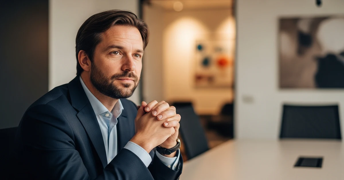 Nachdenklicher Verhandlungsexperte mit verschränkten Händen am Konferenztisch
