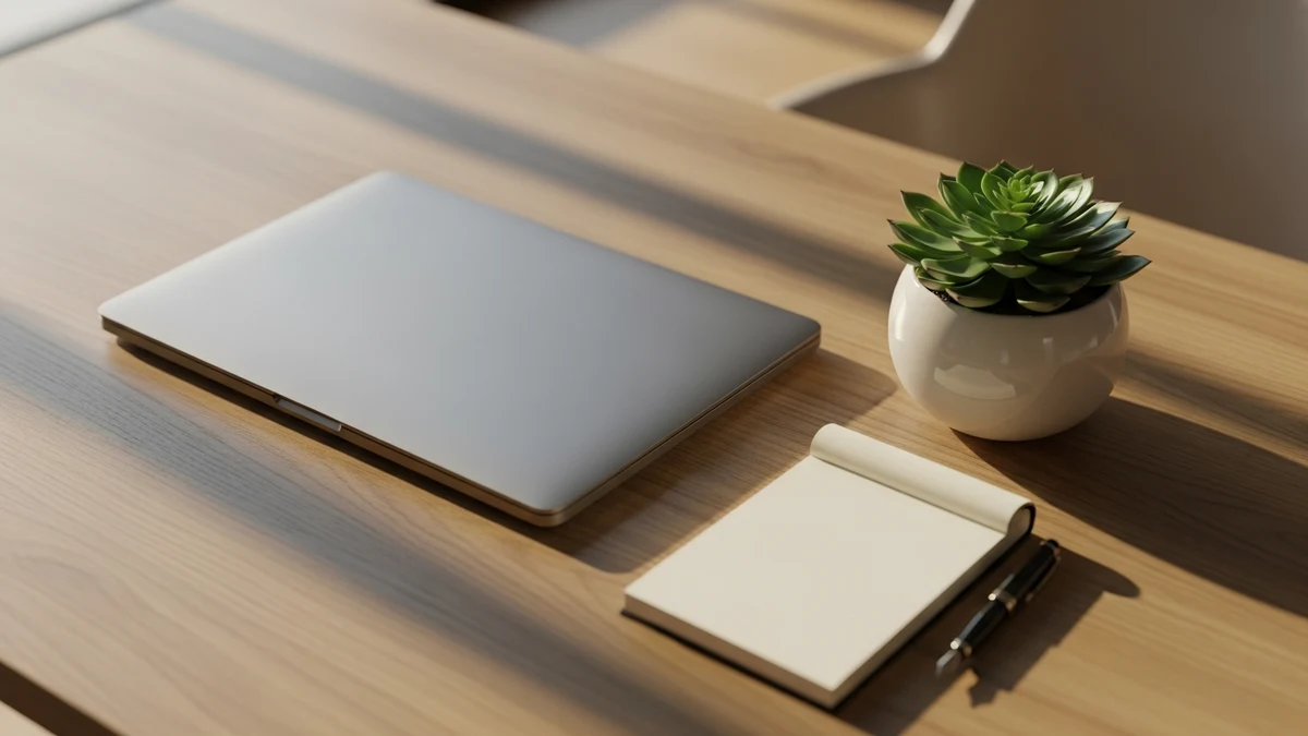 Aufgeräumter moderner Schreibtisch mit Laptop und Notizbuch von oben