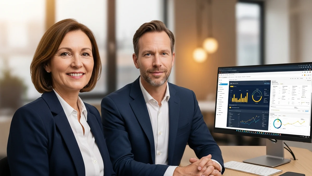 Zwei Führungskräfte analysieren gemeinsam Kundendaten auf einem modernen CRM-Dashboard