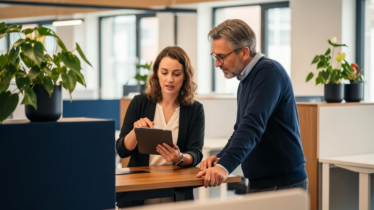 Junger Digital Native und älterer Digital Immigrant arbeiten gemeinsam an einem Tablet in einem Büro