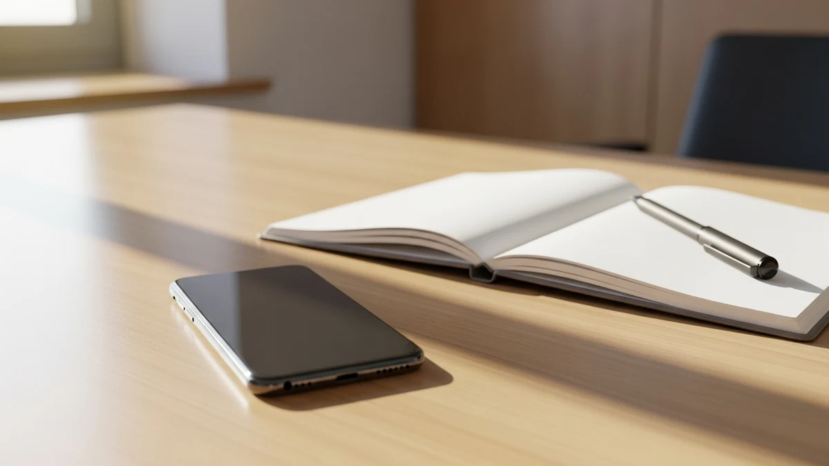 Smartphone neben einem aufgeschlagenen Notizbuch auf einem Holzschreibtisch