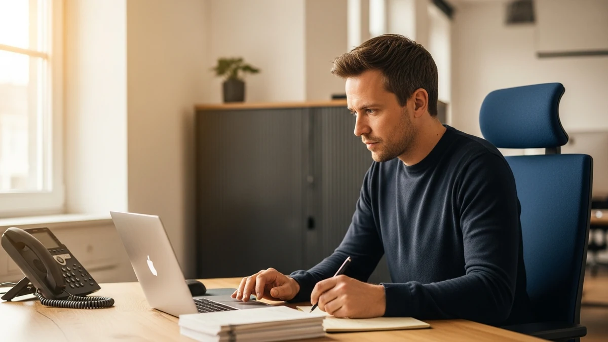 Person schreibt unmittelbar nach Telefonat eine kurze Zusammenfassung per E-Mail, Laptop und Notizen nebeneinander auf dem Tisch