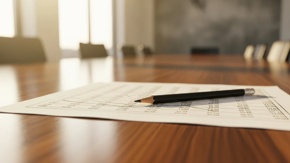 Ausgedruckte Unterlagen und Bleistift auf einem Konferenztisch in Nahaufnahme