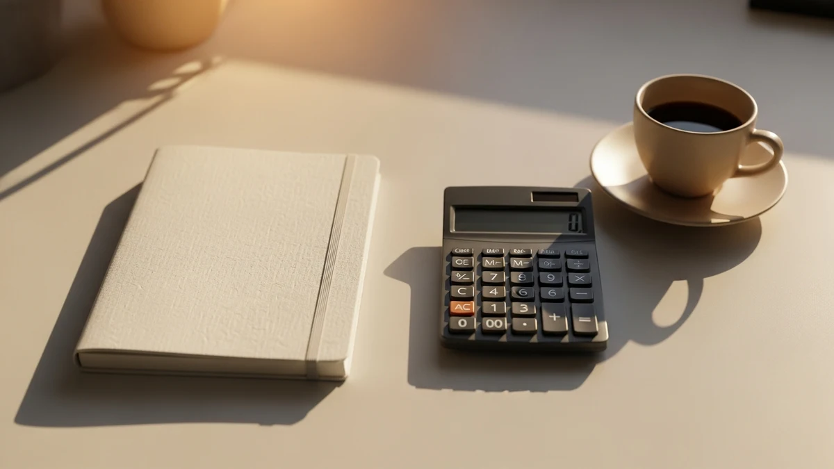 Draufsicht auf Notizbuch, Taschenrechner und Kaffeetasse auf einem hellen Schreibtisch