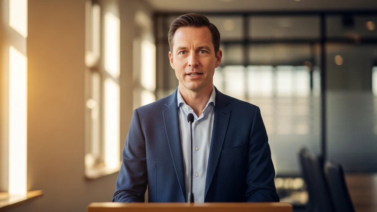 Führungskraft steht aufrecht an einem Rednerpult in einem hellen Konferenzraum