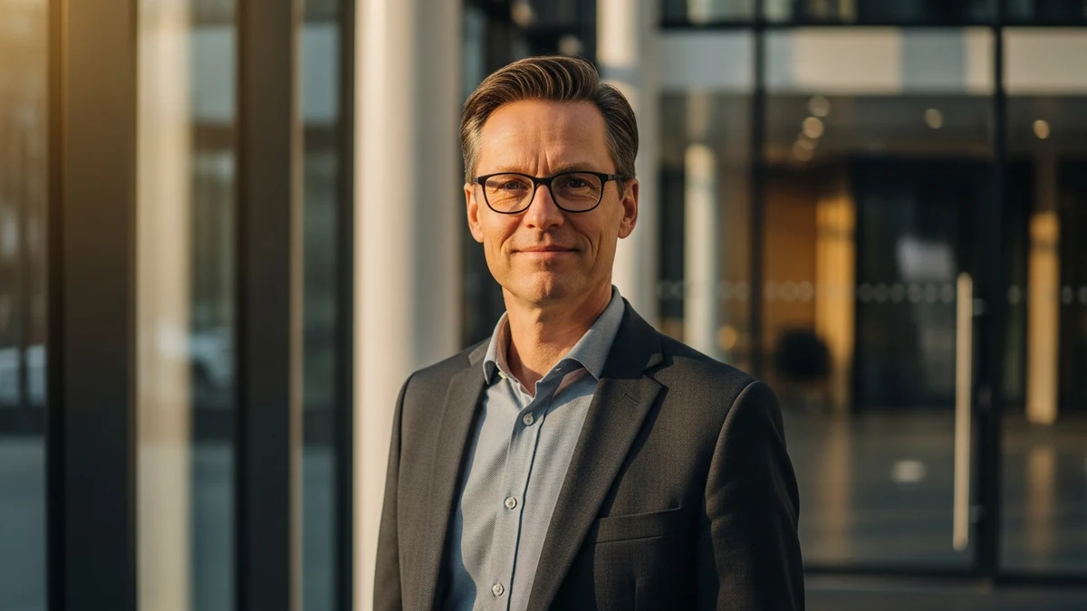 Selbstbewusste Führungspersönlichkeit im Eingangsbereich eines modernen Unternehmensgebäudes