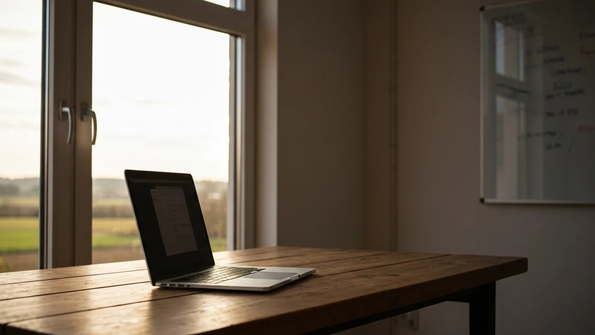 Laptop auf einem Tisch mit Ausblick ins Freie