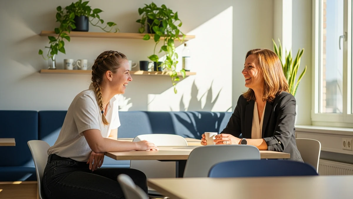 Junge Frau der Generation Z im Gespräch mit Kollegin unterschiedlicher Generation über Arbeitsprioritäten