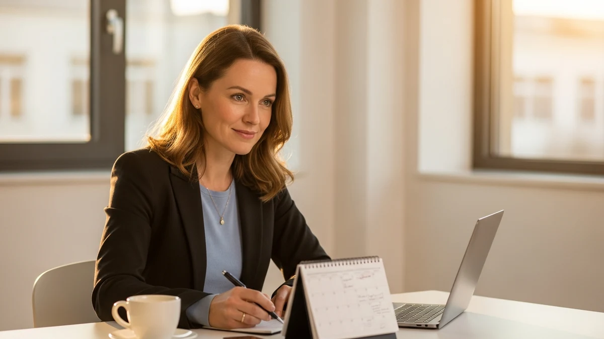 Führungskraft plant Arbeitszeitmodell am Schreibtisch mit Kalender und Laptop im modernen Büro