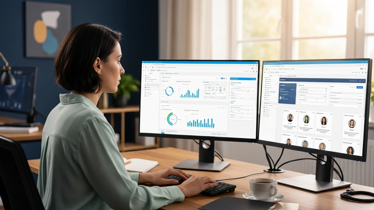HR-Managerin arbeitet konzentriert an digitalem Dashboard mit Personalmetriken und Bewerberdaten