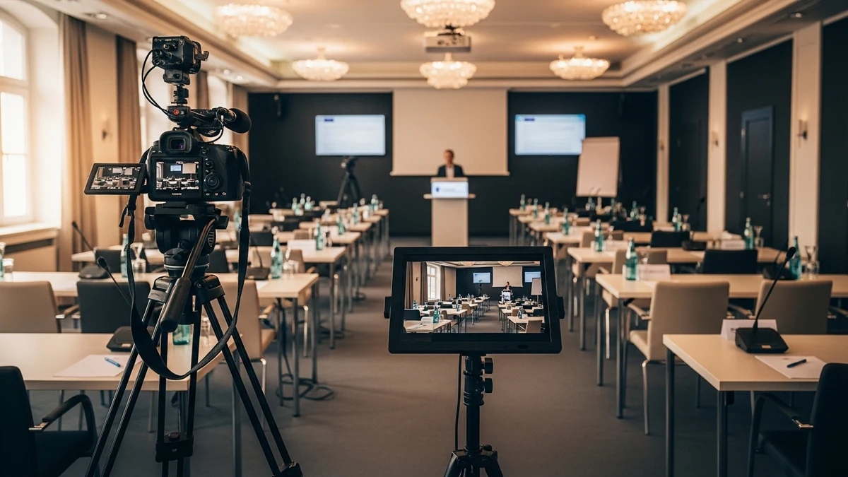 Moderner Konferenzraum mit Kamera für hybrides Event