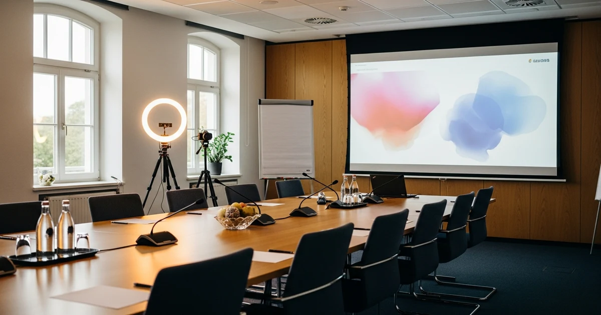 Moderner Konferenzraum mit Ringlicht, Kamera und Präsentationsscreen für hybrides Event