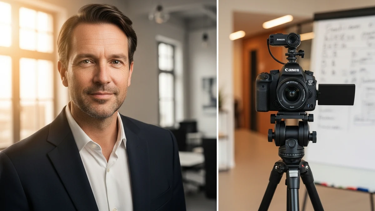 Mann steht entspannt vor einer Kamera im Studio