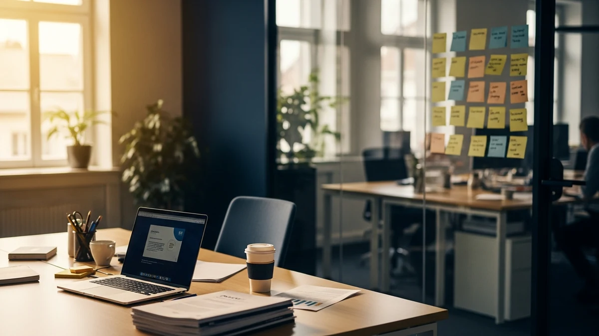 Workshop-Tisch mit Laptop und Sticky Notes zur KI-Governance