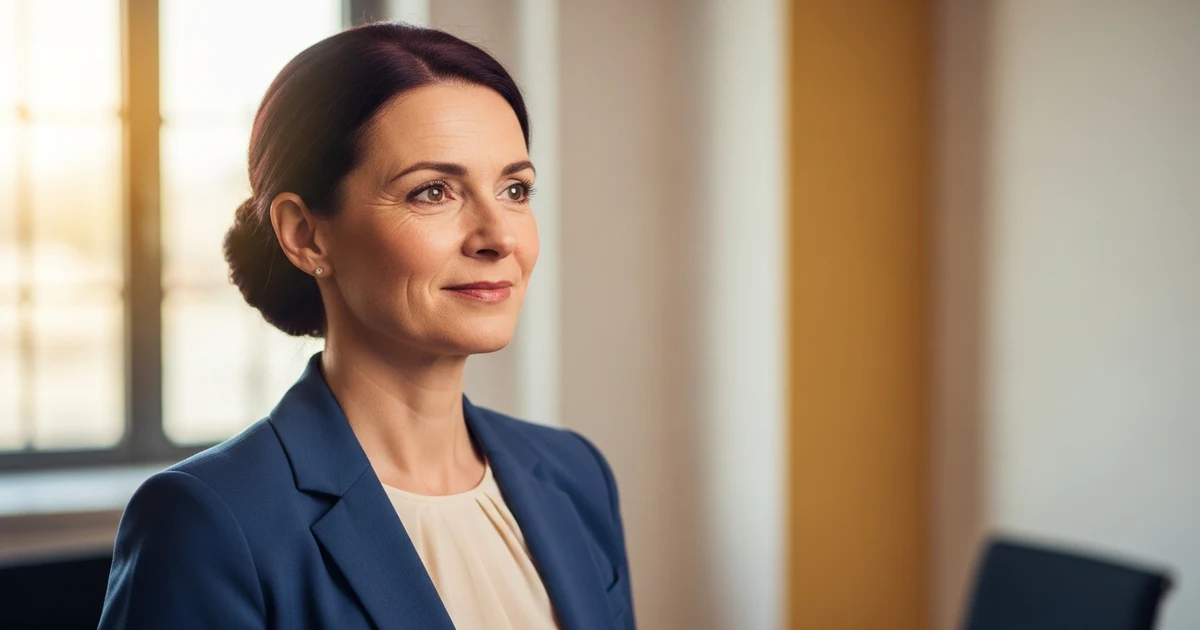 Souveräne Managerin mit offenem Auftreten in einem hellen Meetingraum