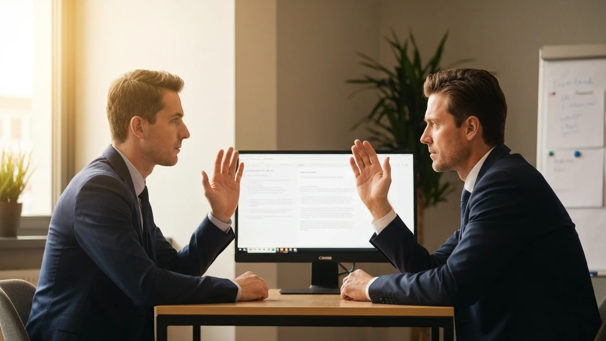 Zwei Personen im angespannten Gespräch suchen eine Lösung