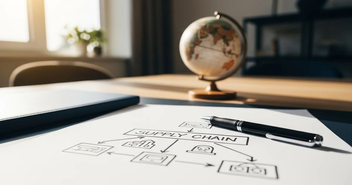 Lieferketten-Diagramm und Globus symbolisieren krisensicheren Einkauf