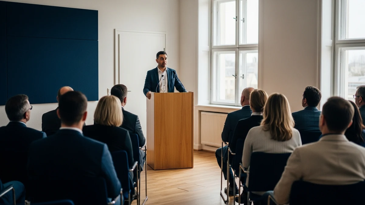 Person steht vor Publikum am Rednerpult, nimmt tief Luft, Hände leicht angespannt auf dem Pult