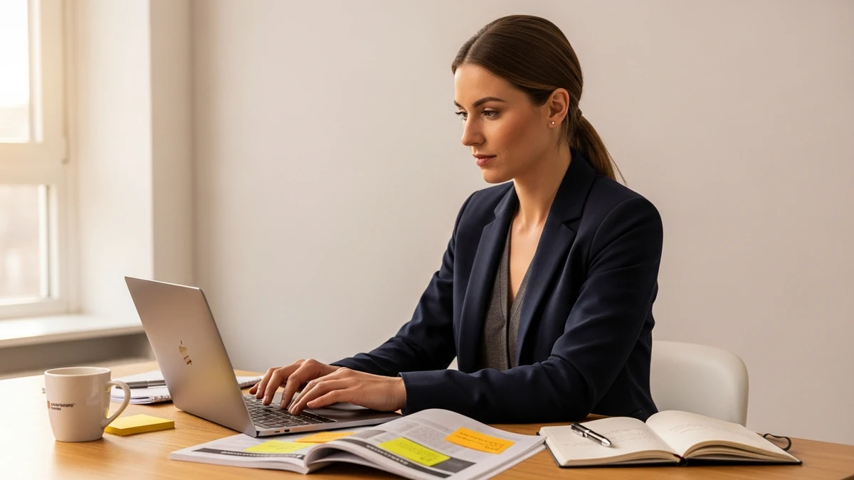 Assistentin erstellt Management Summary auf Laptop, strukturierte Dokumente und Notizen auf dem Schreibtisch