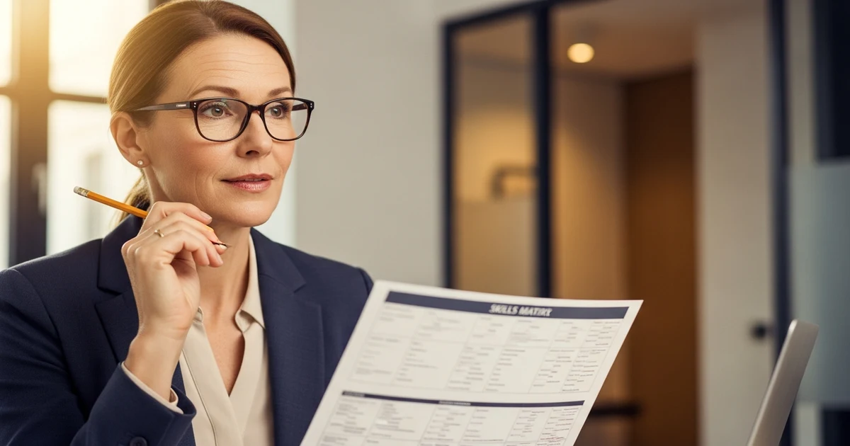 Erfahrene Fachkraft analysiert Kompetenzmatrix für Weiterbildung