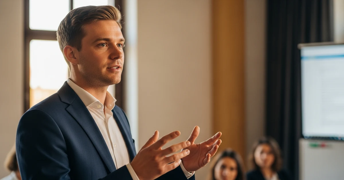 Redner präsentiert selbstbewusst mit offener Körpersprache vor Publikum