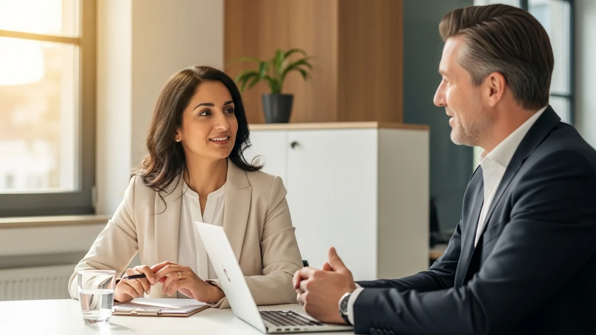 Vertriebsberaterin führt offenes, entspanntes Beratungsgespräch mit Kunden — kein Druck, echte Beratung