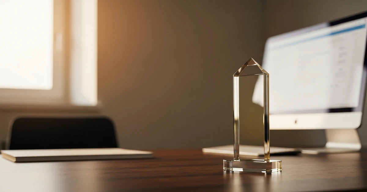 Elegante Auszeichnung auf dunklem Holzschreibtisch symbolisiert Qualitätsranking