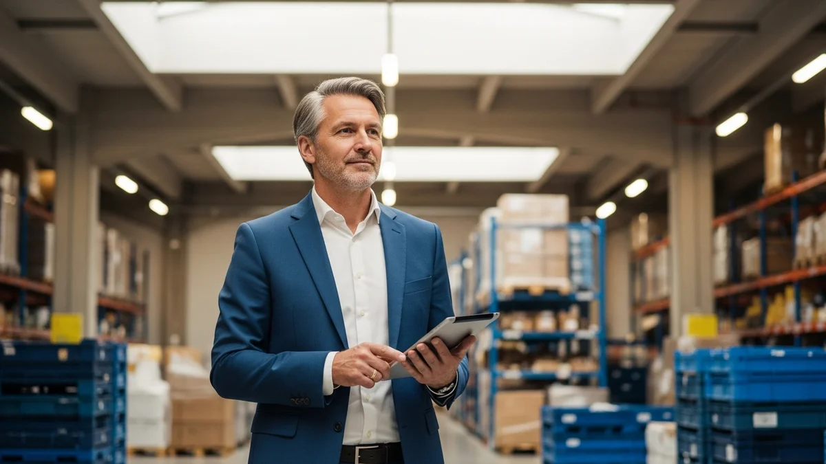 Einkaufsleiter analysiert Lieferantenportfolio an seinem Schreibtisch