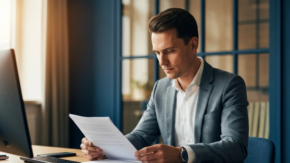 Einkäufer:in analysiert Verhandlungsunterlagen vor einem wichtigen Meeting
