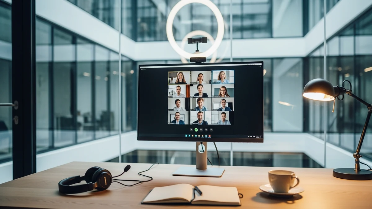 Frau führt professionelle Videokonferenz am Arbeitsplatz