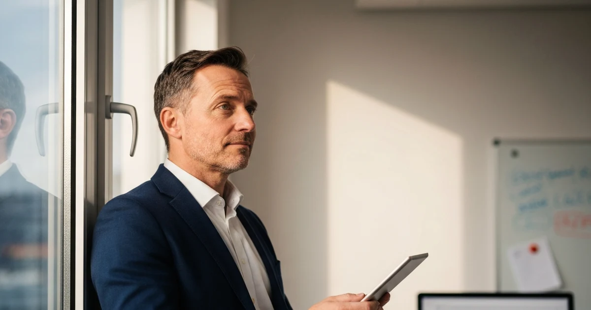 Manager betrachtet nachdenklich digitale Inhalte am Tablet im modernen Büro