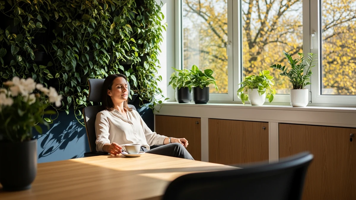 Führungskraft übt Achtsamkeitsübung am ruhigen Arbeitsplatz, Kaffeepause mit Blick ins Grüne