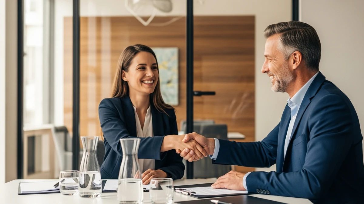 Zwei Verhandlungspartner geben sich nach erfolgreicher Einigung die Hand — Win-Win-Ergebnis im Konferenzraum