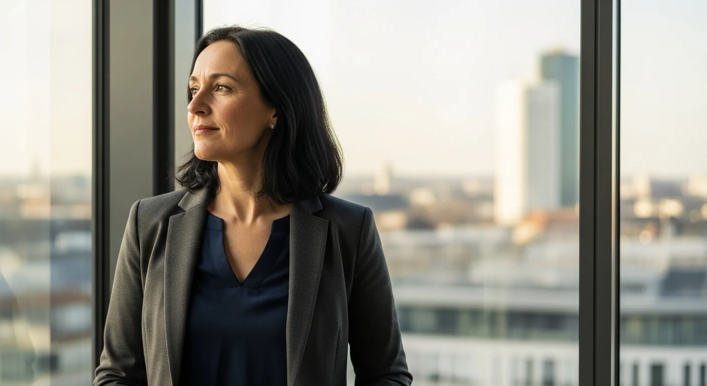 Führungskraft blickt aus dem Fenster auf die Skyline