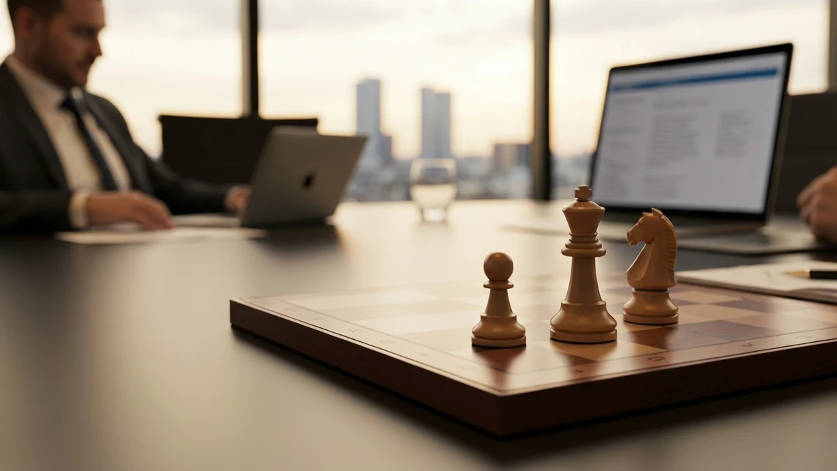 Zwei Personen in angespannter Verhandlung am Konferenztisch, umgeben von Unterlagen und Notizblöcken