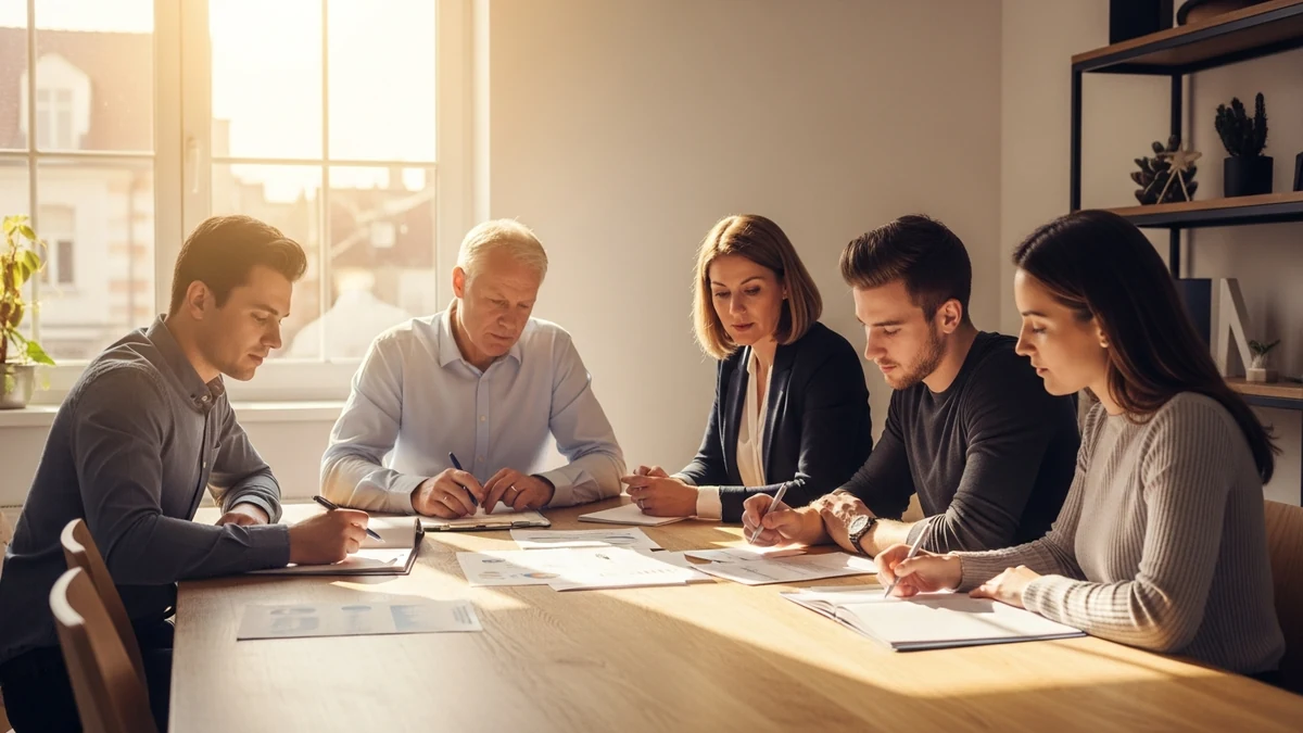 Mehrgenerationen-Team aus vier Personen unterschiedlichen Alters arbeitet gemeinsam an einem Tisch