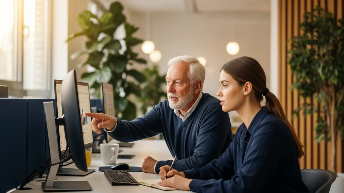 Erfahrener Mitarbeiter:innen erklärt jüngerer Kollegin etwas am Bildschirm. Wissenstransfer im Mehrgenerationen-Team