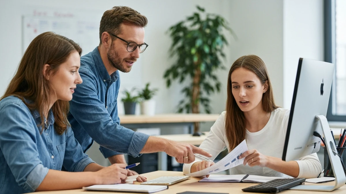 Erfahrene Fachkraft erklärt einer Auszubildenden die nächsten Arbeitsschritte
