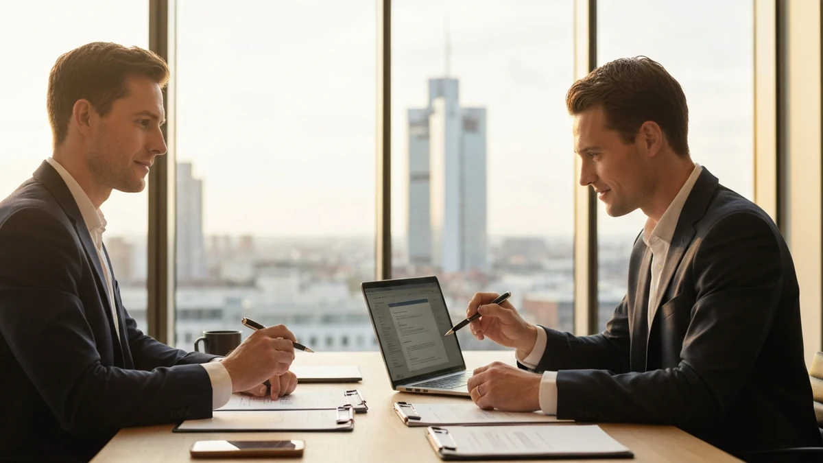 Zwei Verhandlungspartner am Konferenztisch in ruhiger Gesprächshaltung