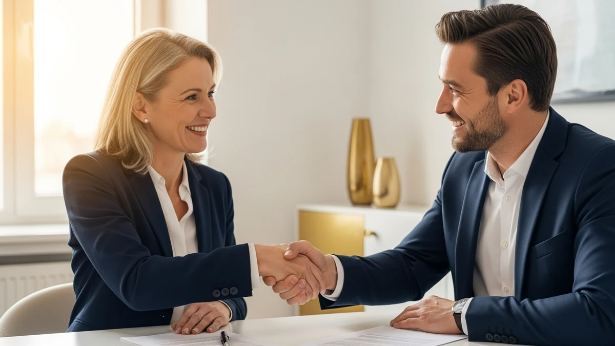 Betriebsrat und Geschäftsführung unterzeichnen gemeinsam Betriebsvereinbarung, Handschlag im Büro