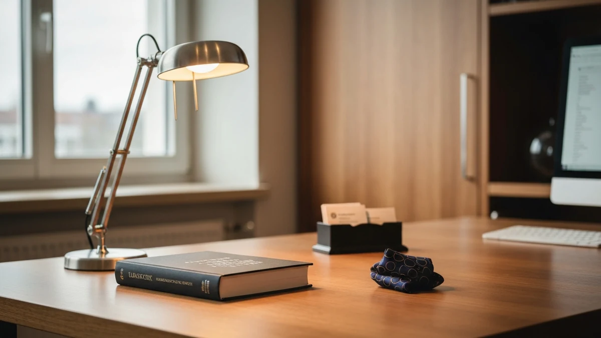 Geschäftsperson in gepflegter Businesskleidung in einem modernen Empfangsbereich