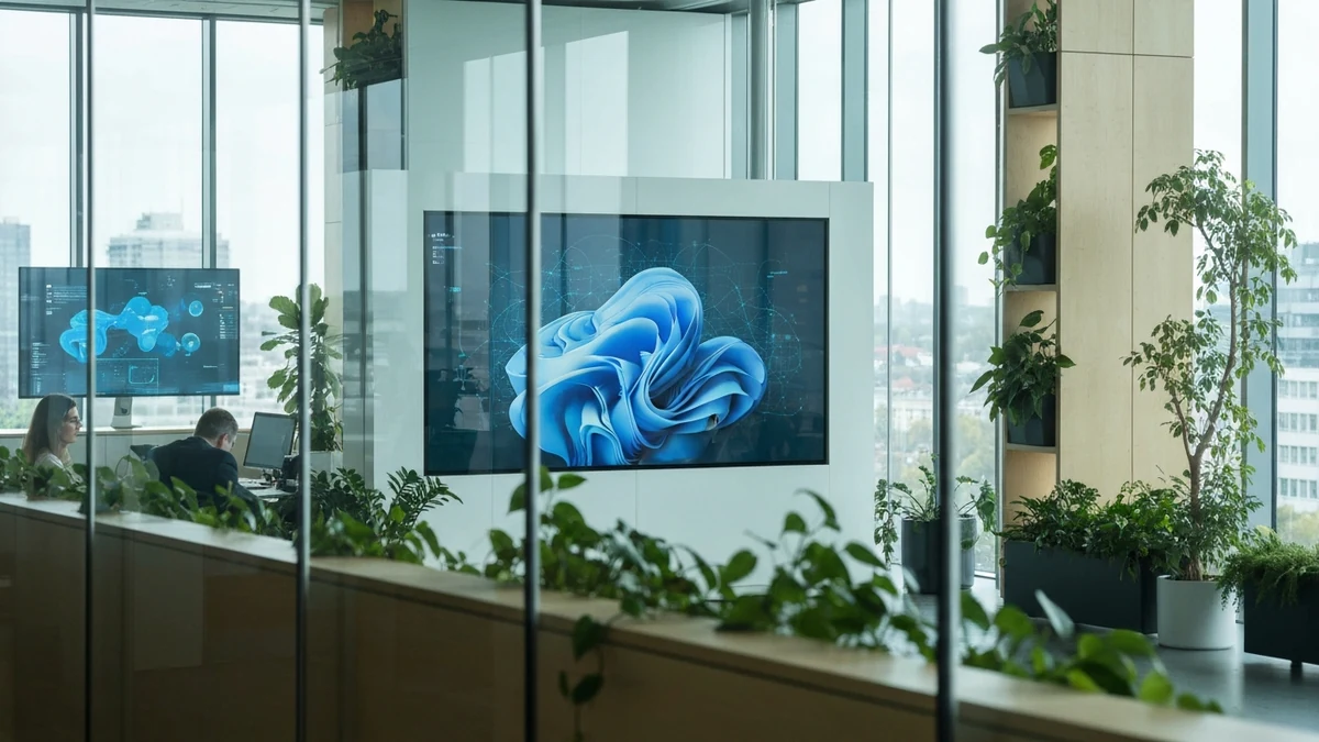 Aufgeräumter moderner Schreibtisch mit Laptop und Notizbuch von oben