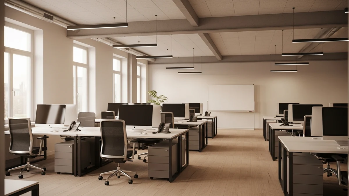 Modernes Open-Space-Büro mit großen Fenstern und natürlichem Licht