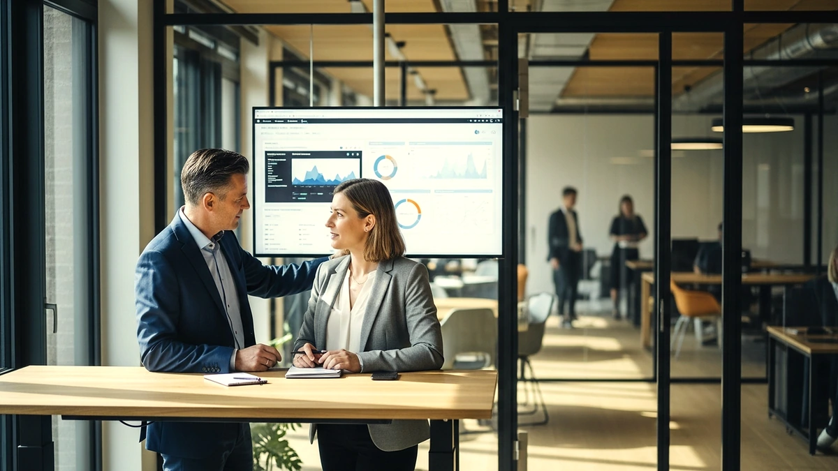 Fach- und Führungskräfte analysieren digitale Transformationsmetriken vor einem Dashboard im modernen Büro