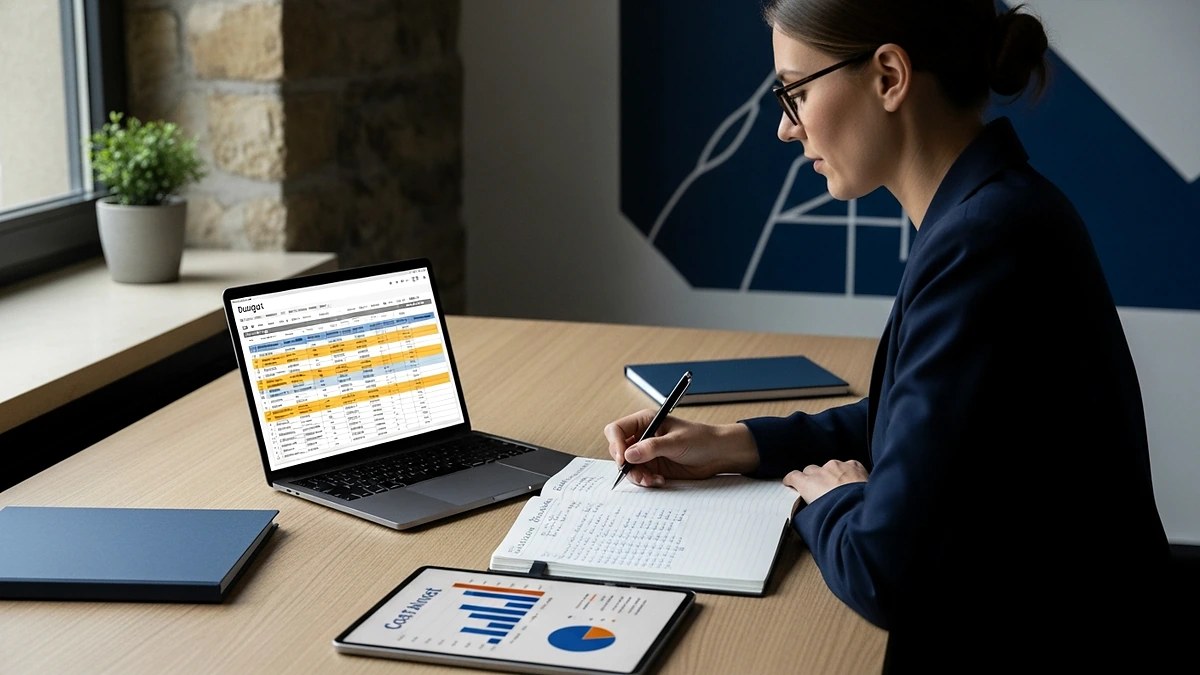 Budget-Unterlagen und Taschenrechner für die Firmenevent-Planung