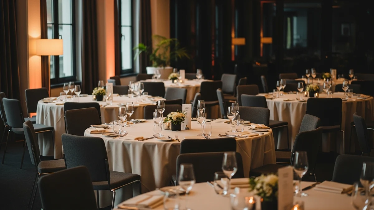 Festlich eingedeckte Veranstaltungsräumlichkeit mit warmer Lichtstimmung vor dem Event