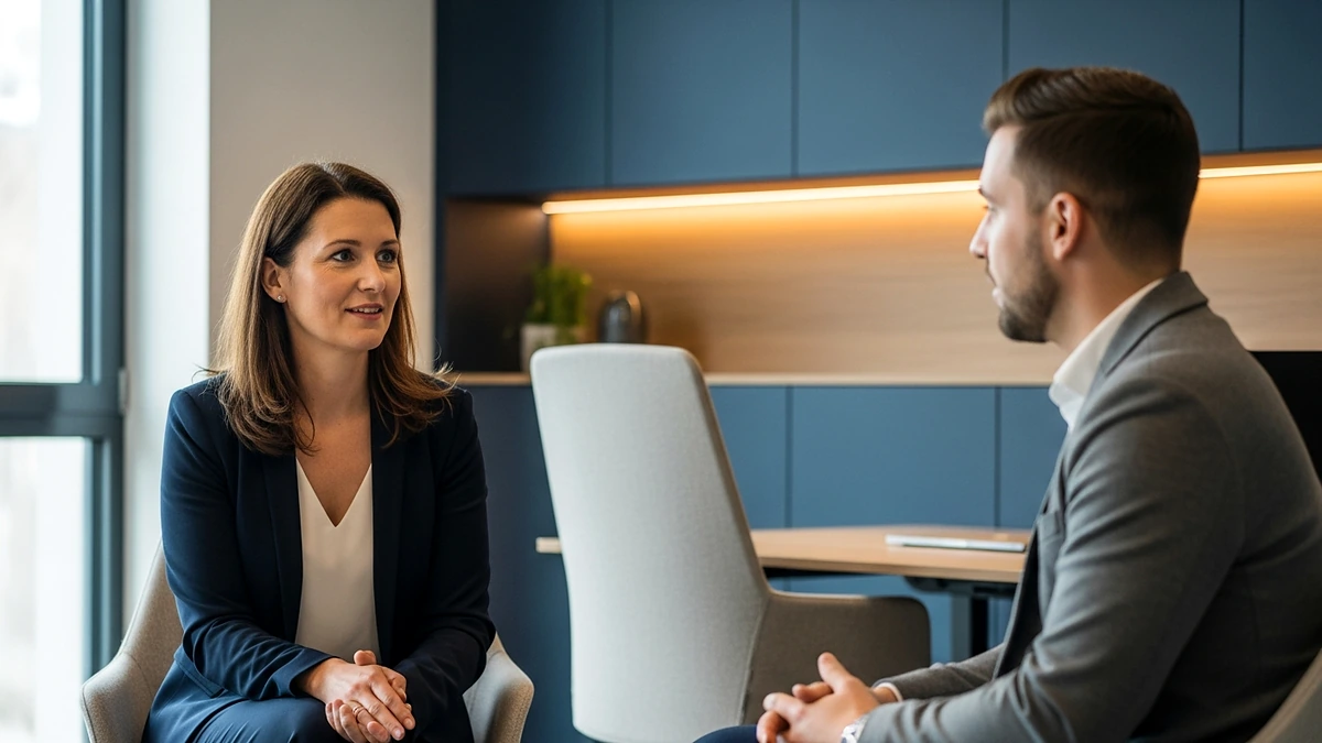 Symbolbild Führungskraft: Eine Frau steht im Büro vor ihrem Team