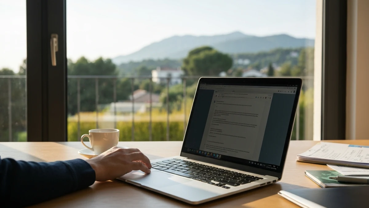 Laptop auf einem Tisch mit Ausblick ins Freie